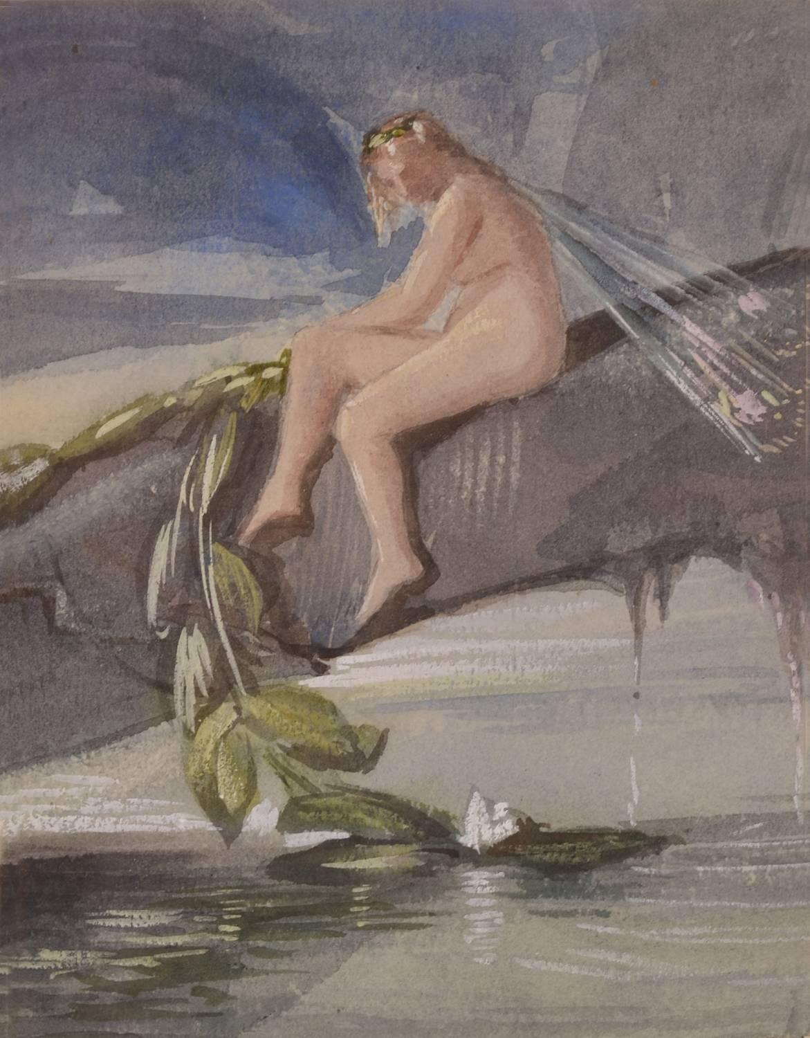 Ernest Collier Figurative Art – Nymphe mit Flussmotiv, Art-Deco-Aquarell des frühen 20. Jahrhunderts