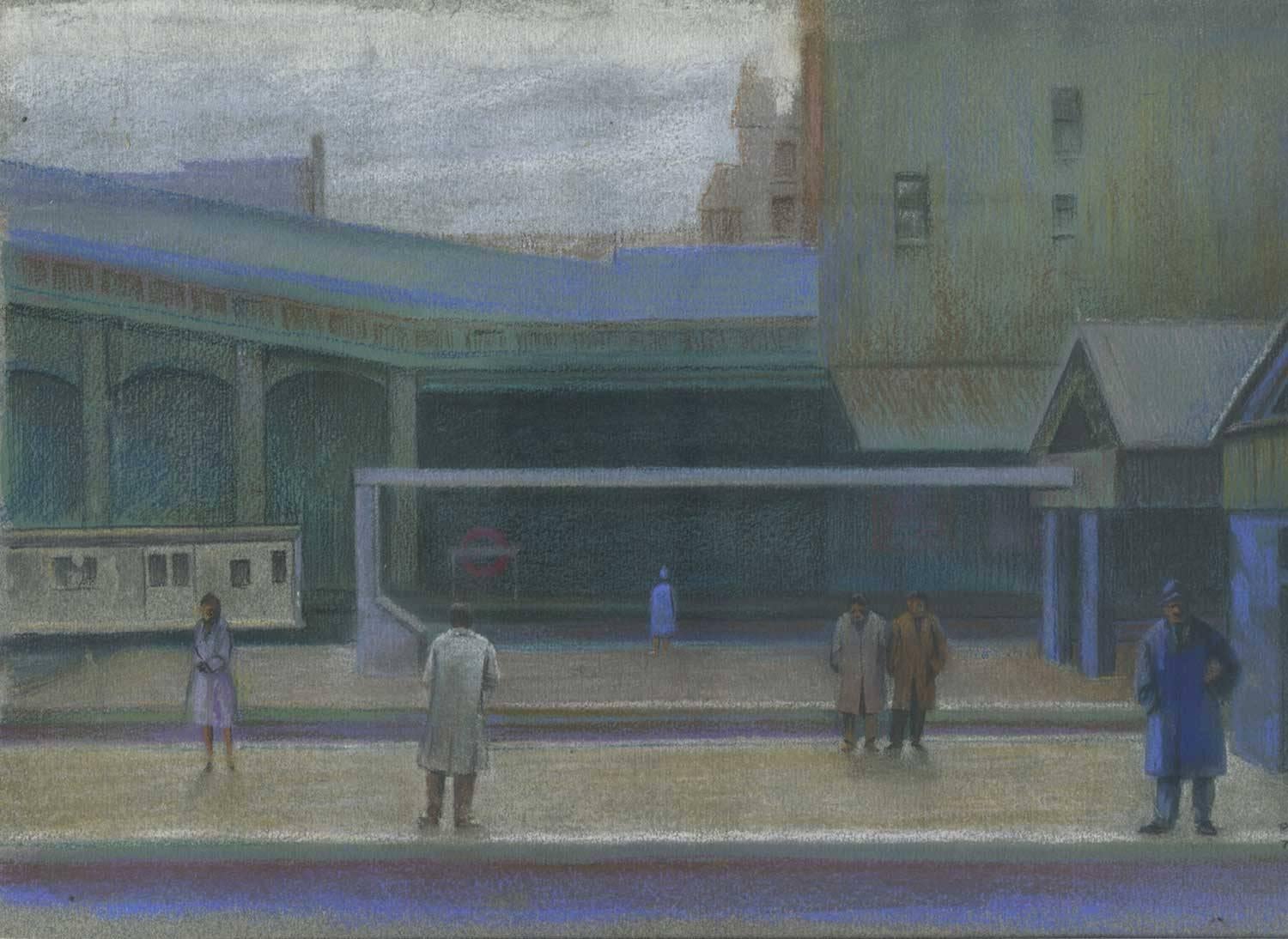 Peter Gardner Figurative Art - South Kensington Station, 20th Century Pastel Signed and Dated
