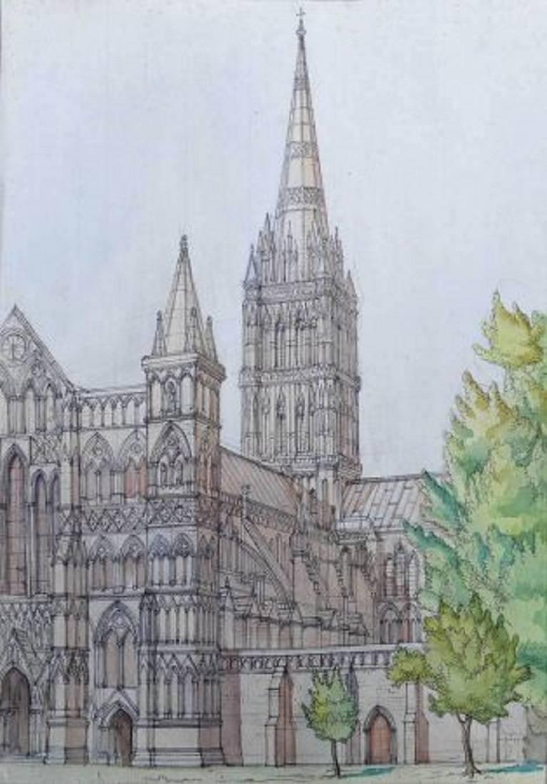 Gordon Scott Landscape Art - Salisbury Cathedral - mid 20th Century Watercolour
