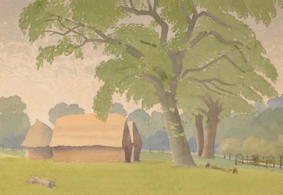 Unknown Landscape Art - Haybarns, 20th Century Watercolour