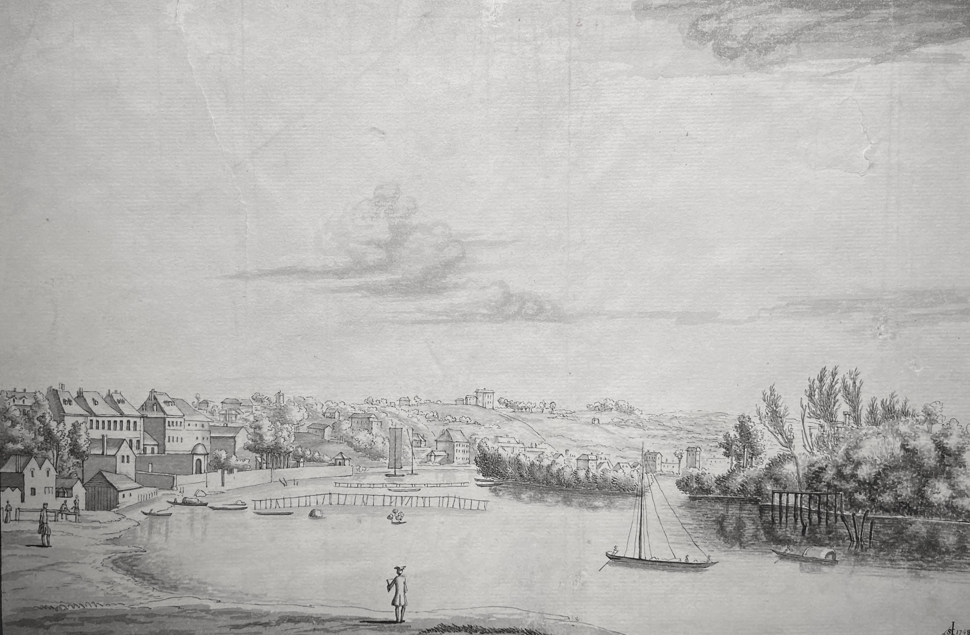 Prospekt des Richmond Parks und der Stadt von der Seite der Themse, 18. Jahrhundert  (Grau), Landscape Art, von Adrien Sweets