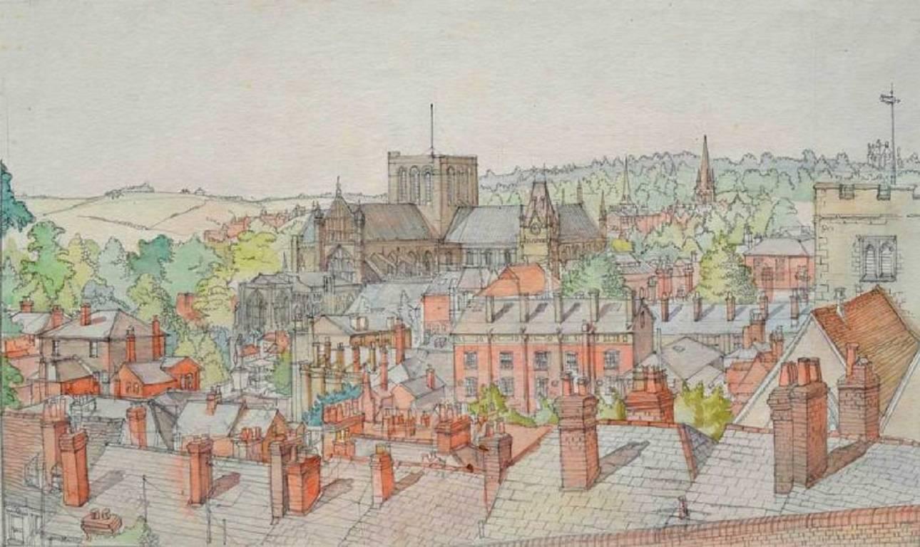 Landscape Art Gordon Scott - Aquarelle de la cathédrale de Winchester, XXe siècle