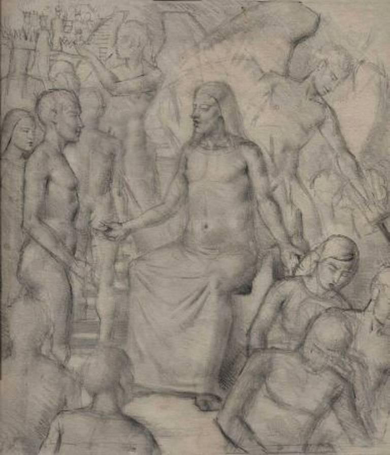 Gordon Scott Figurative Art - Jesus at the Stairs, Mid 20th Century Pencil Drawing