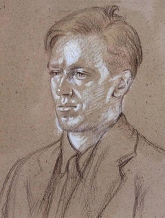 Vintage Portrait of Cecil Day Lewis 20th Century Original Chalk Drawing