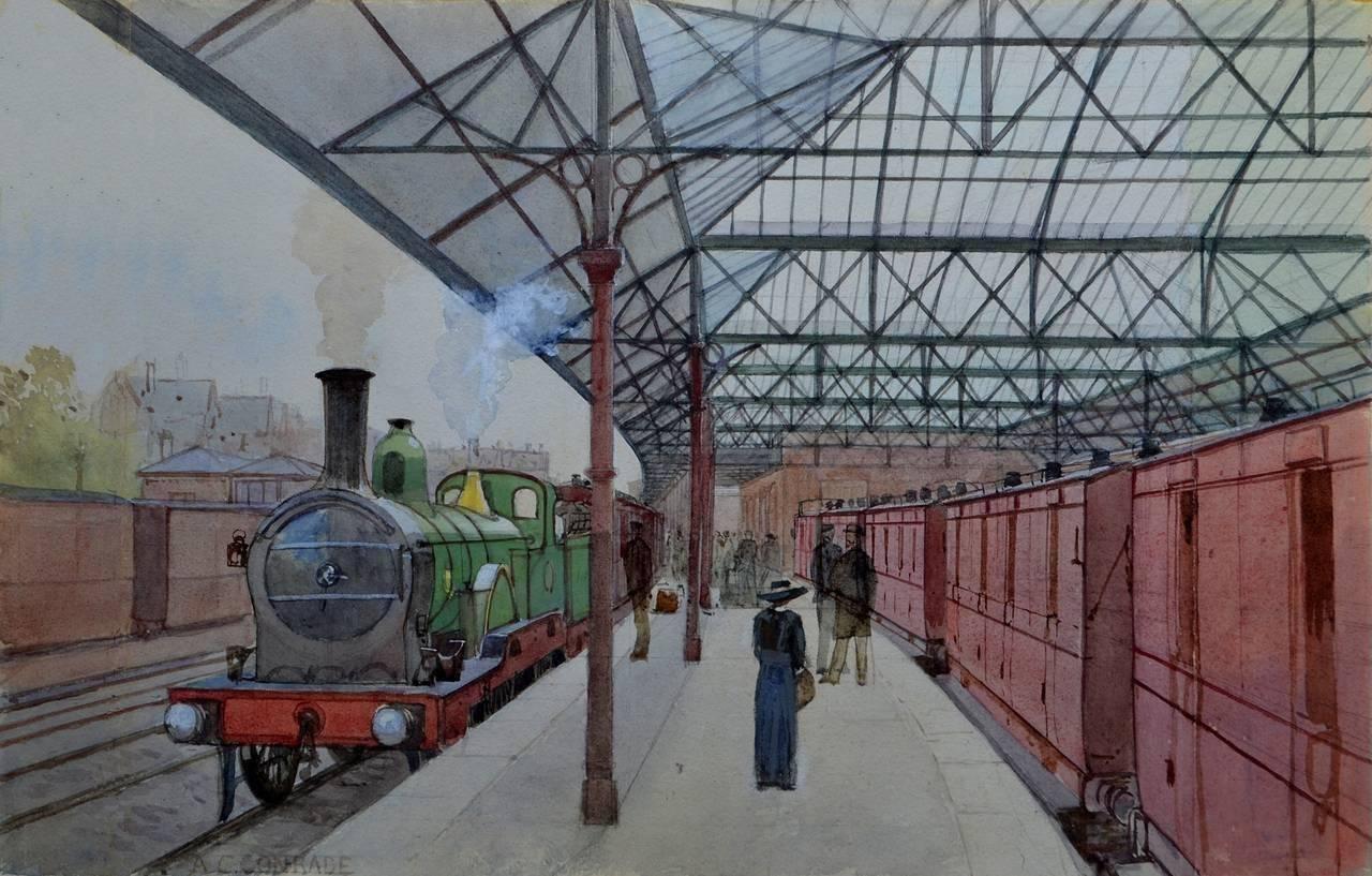 Arthur Charles Conrade Figurative Art - The Train Station Original Watercolour 20th Century
