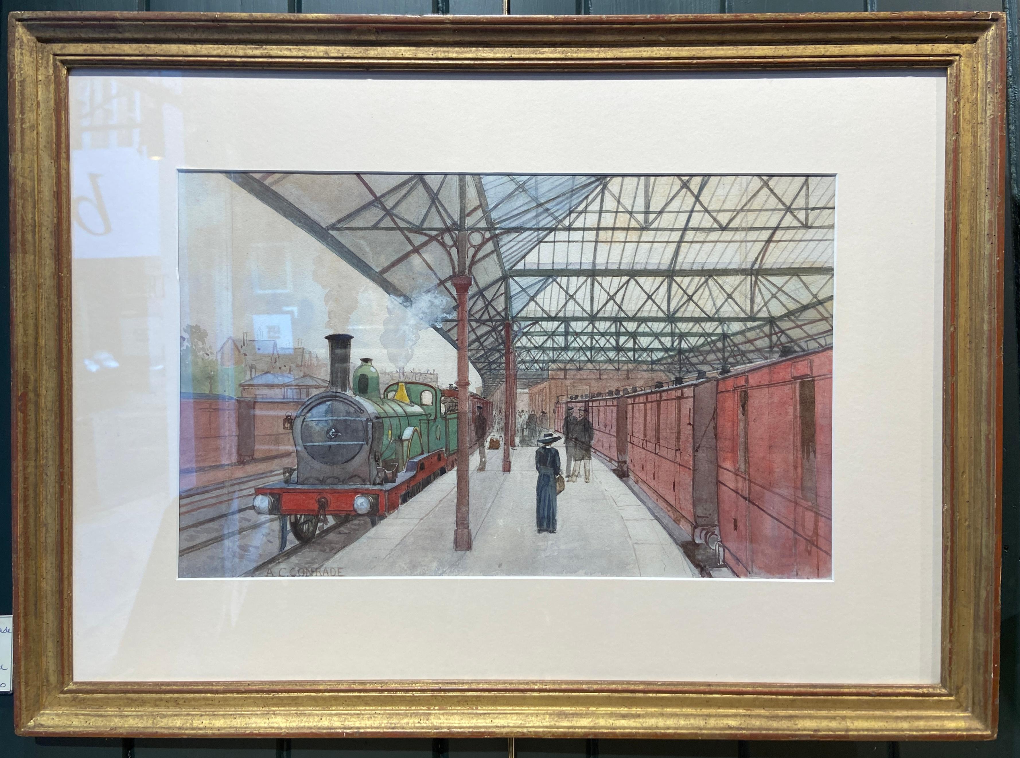 Original-Aquarell „The Train Station“, 20. Jahrhundert – Art von Arthur Charles Conrade