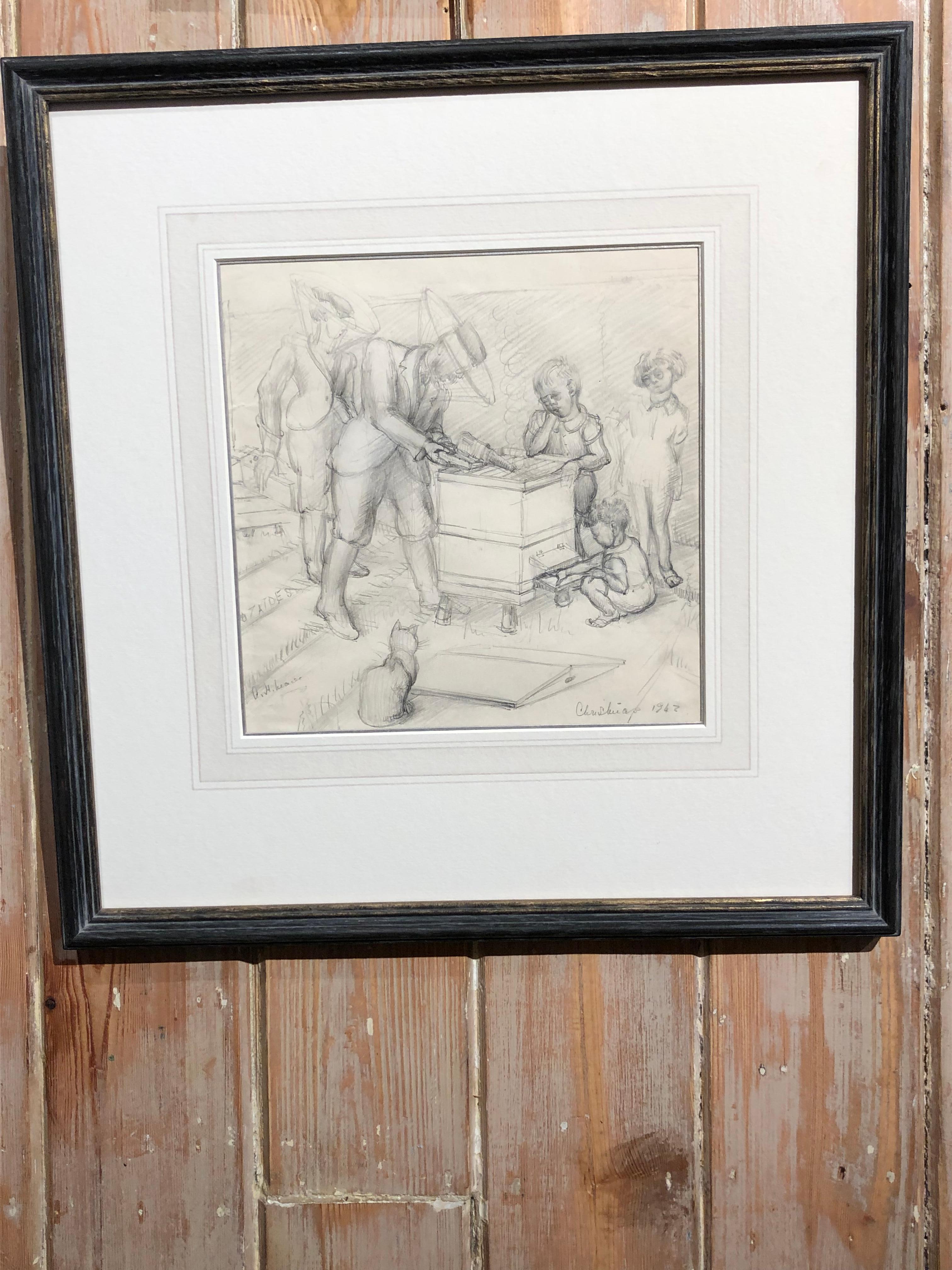 The Beekeepers - Graphite d'une artiste féminine du milieu du 20e siècle représentant une abeille - Marron Figurative Art par Alice Headley Neave