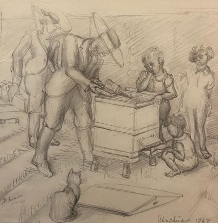 The Beekeepers Mid 20th Century Female Artist Graphite