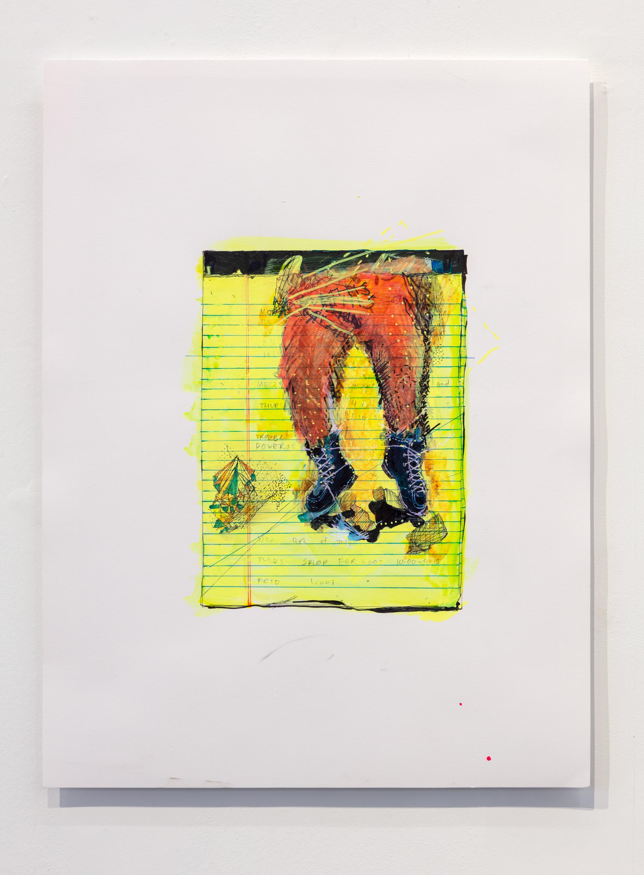 Mathis translates his personal notebook doodles and notes into personal artifacts and figurative works. Lacking the figurative lines typically used to carry the weight and innate presence of two dimensional representation, Mathis’ works are both