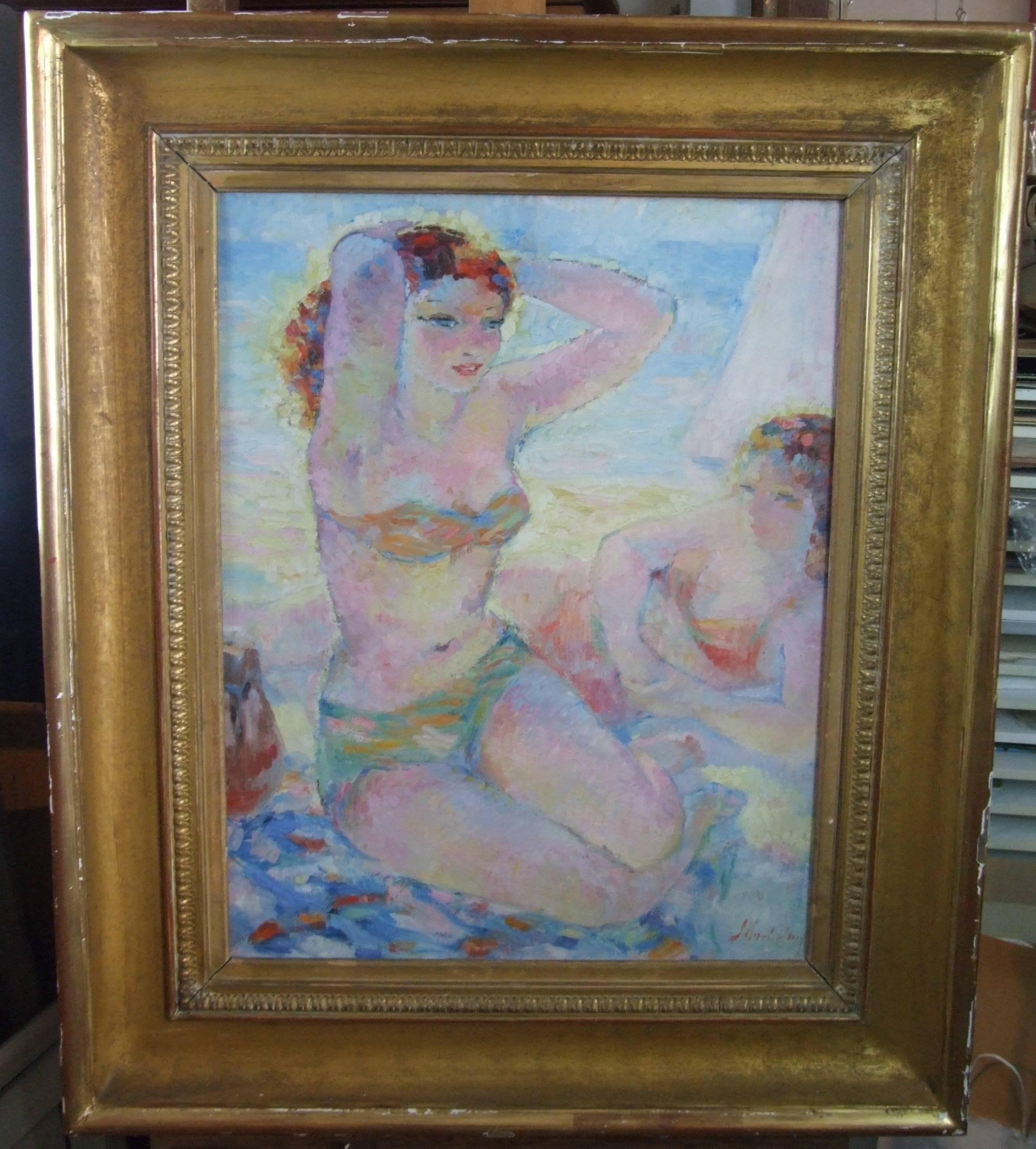 Suzanne Blanche Kaehrling Figurative Painting - Les baigneuses - Eté (summer), '30s - oil paint, 73x60  cm., framed
