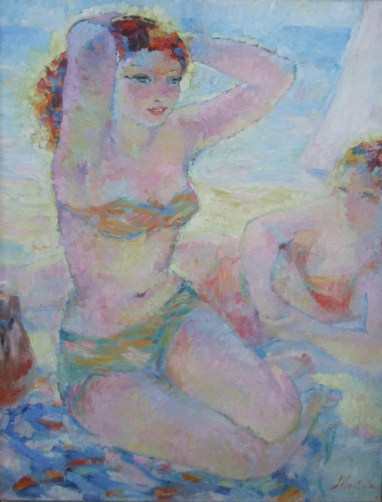 Les baigneuses - Eté (été), années 30, peinture à l'huile, 73x60  encadrement - Painting de Suzanne Blanche Kaehrling