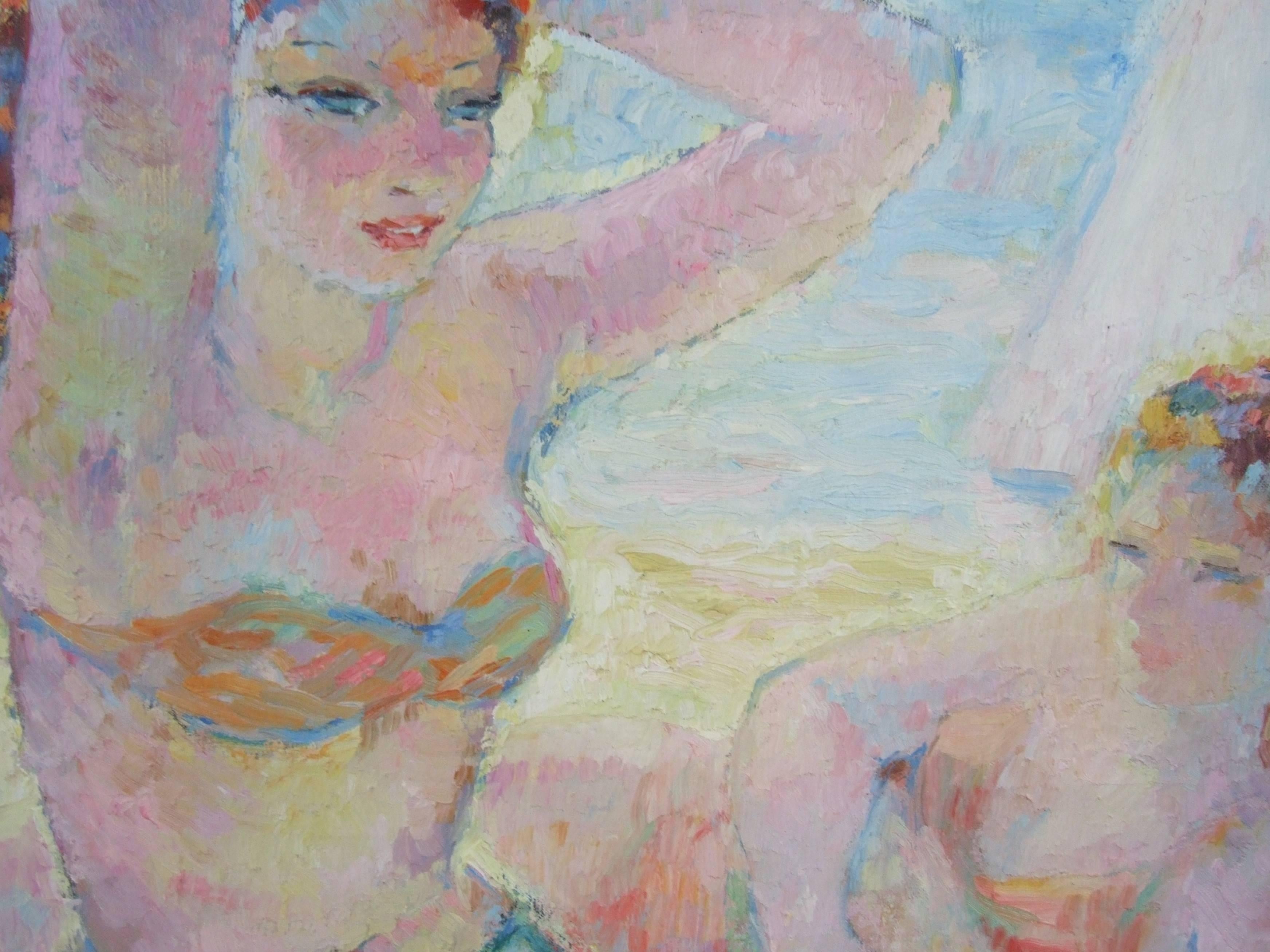 Les baigneuses - Eté (été), années 30, peinture à l'huile, 73x60  encadrement - Moderne Painting par Suzanne Blanche Kaehrling