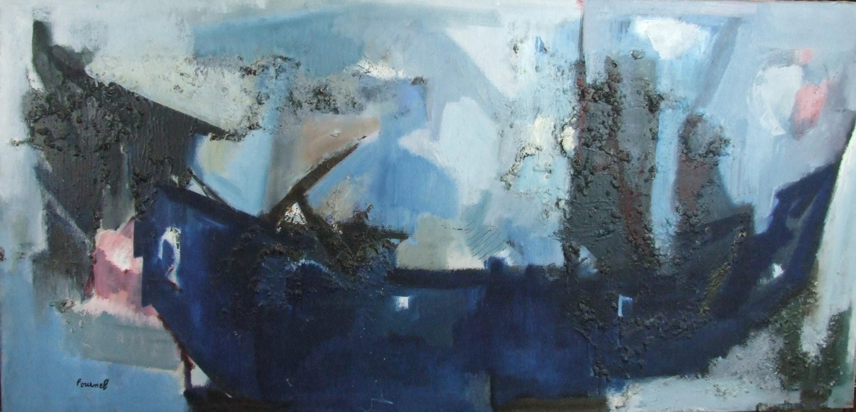 Paule FOURNEL Abstract Painting - Le bateau bleu, 1972 - oil paint, 65x135 cm.