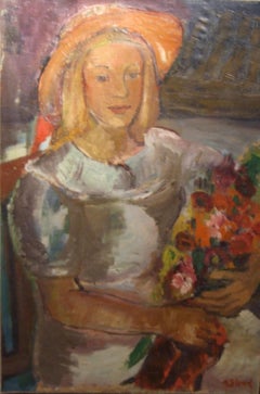 Young lady with flowers, 50er-Jahre, Ölfarbe, 73x49 cm.