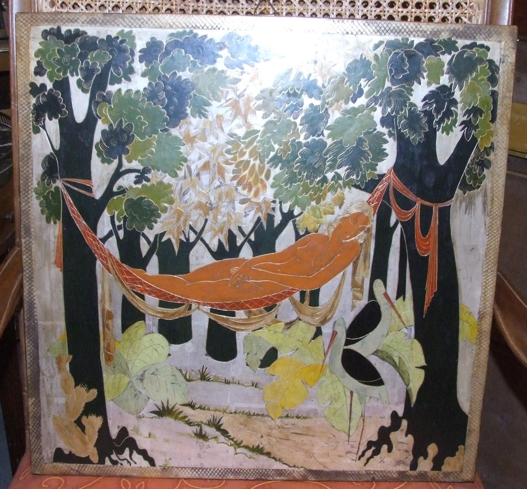 woman in the wood, '30s - lacquer on wood panel, 50x51 cm. - Painting by A. Cavenago