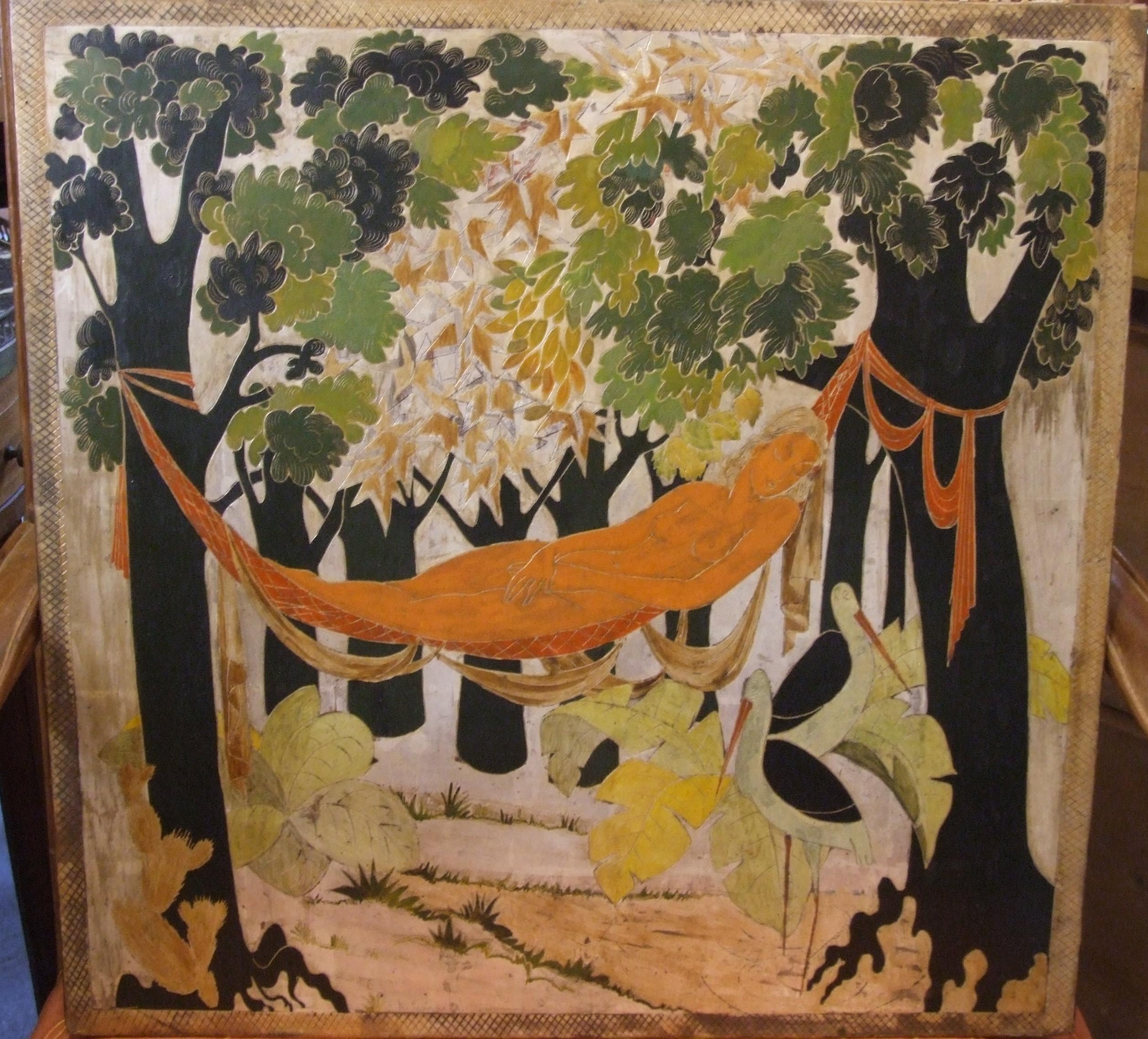 A. Cavenago Figurative Painting - woman in the wood, '30s - lacquer on wood panel, 50x51 cm.