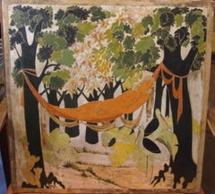 mujer en el bosque, años 30 - laca sobre panel de madera, 50x51 cm.