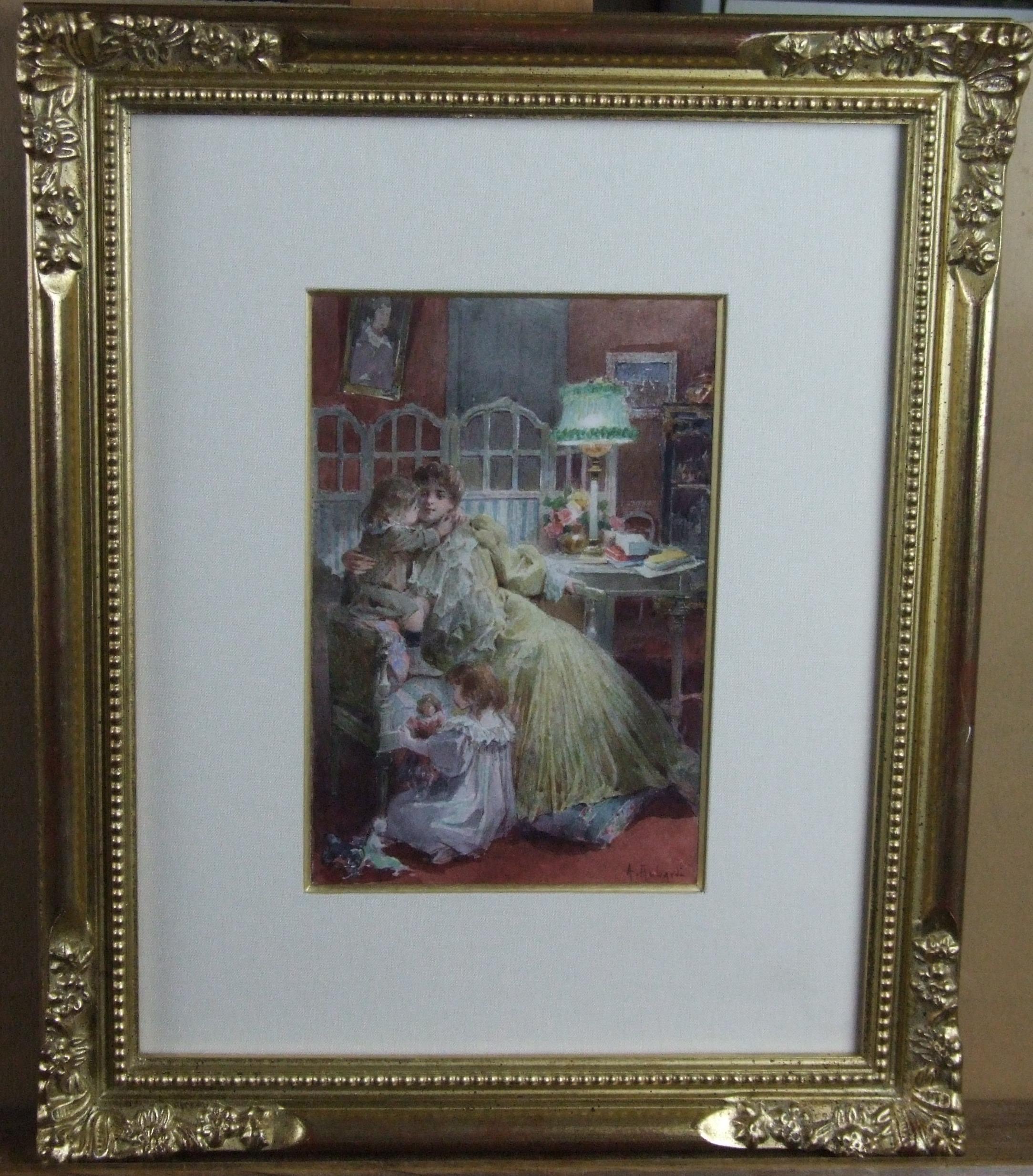 Alcide Robaudi Figurative Art - Maternité, XIX c. - watercolor, 17x12 cm., framed