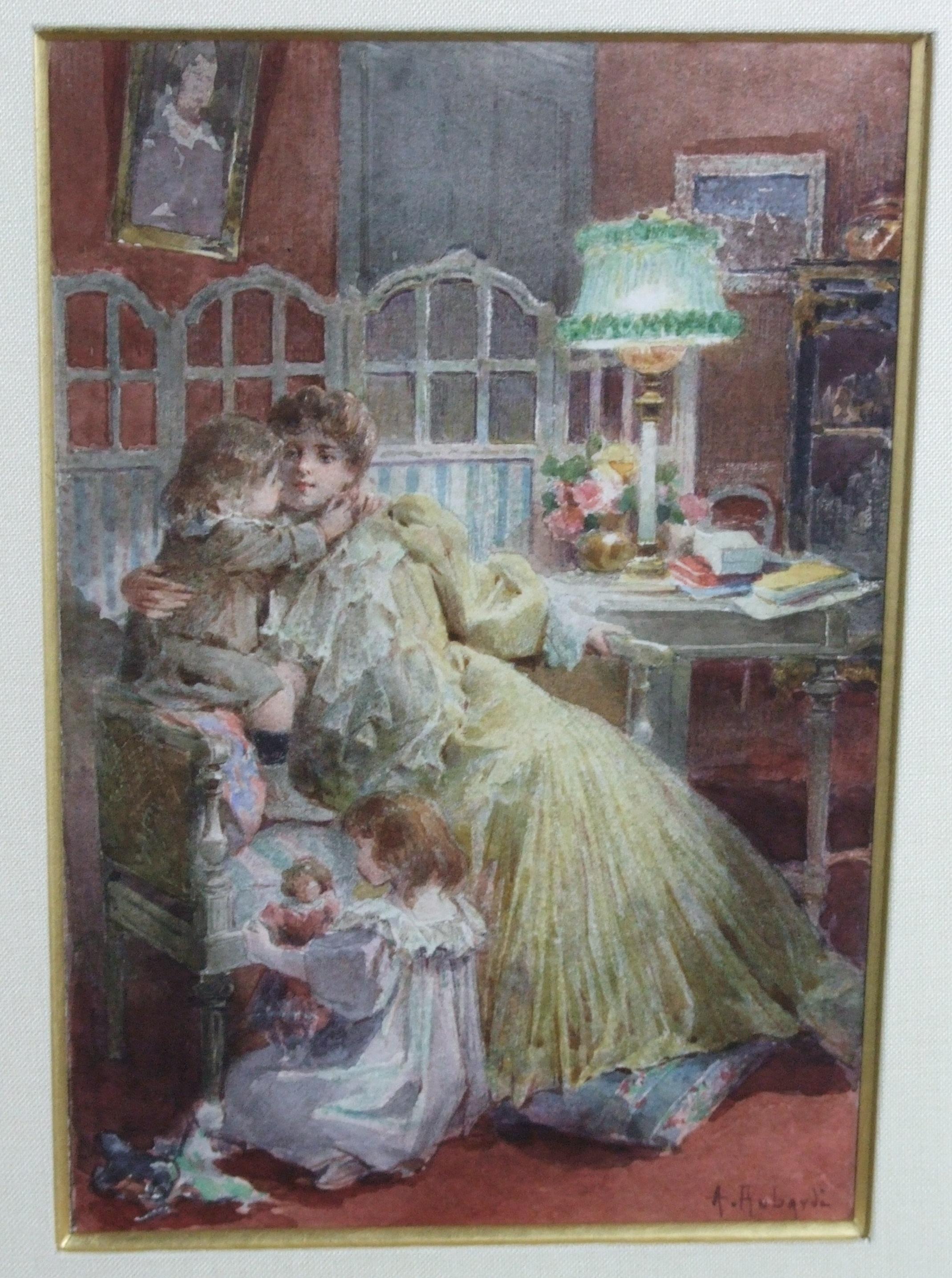 Maternité, XIX c. - watercolor, 17x12 cm., framed - Art by Alcide Robaudi