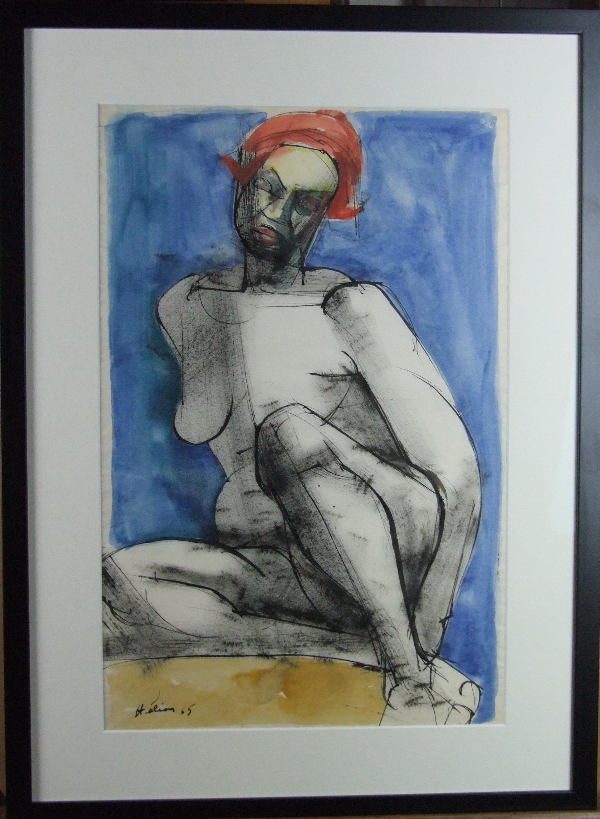 Nude seated woman, 1965 - gouache, 49x32 cm., framed