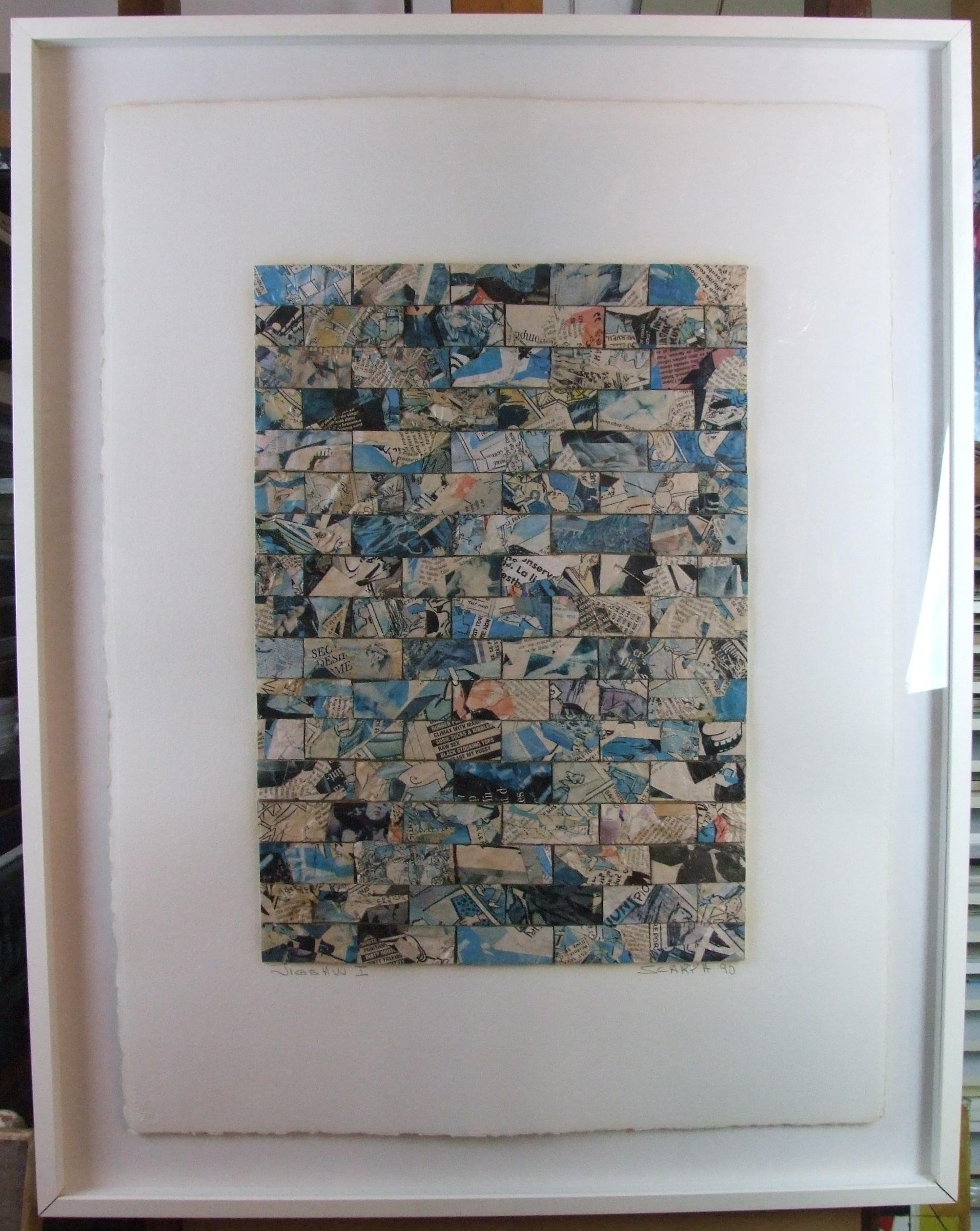 Michel Scarpa Abstract Drawing - Jigsaw 1, 1990 - laid paper, 75x56 cm., framed