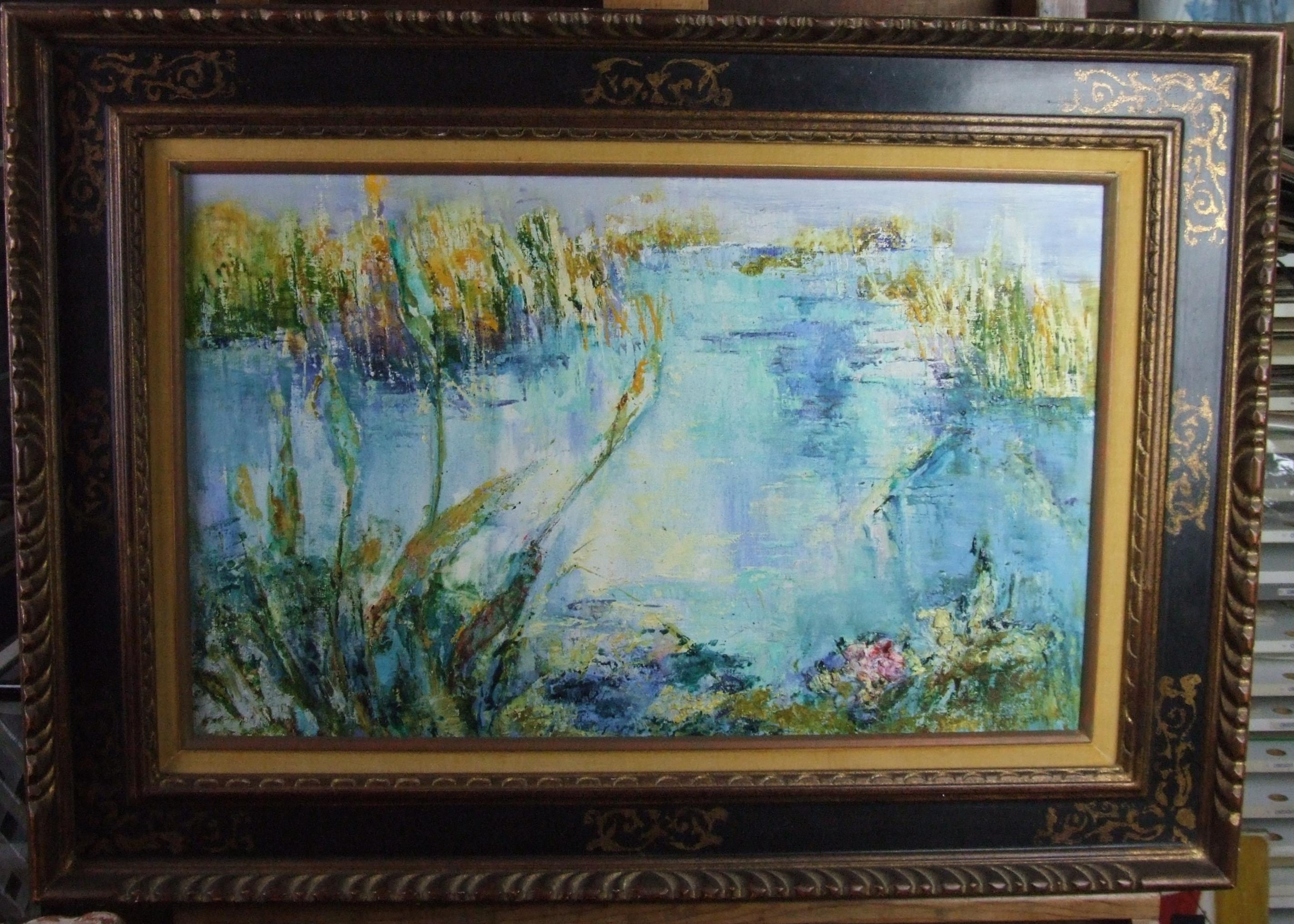 Iris Michelle Raquin Landscape Painting - Nympheas - oil on canvas, 38x61 cm., framed