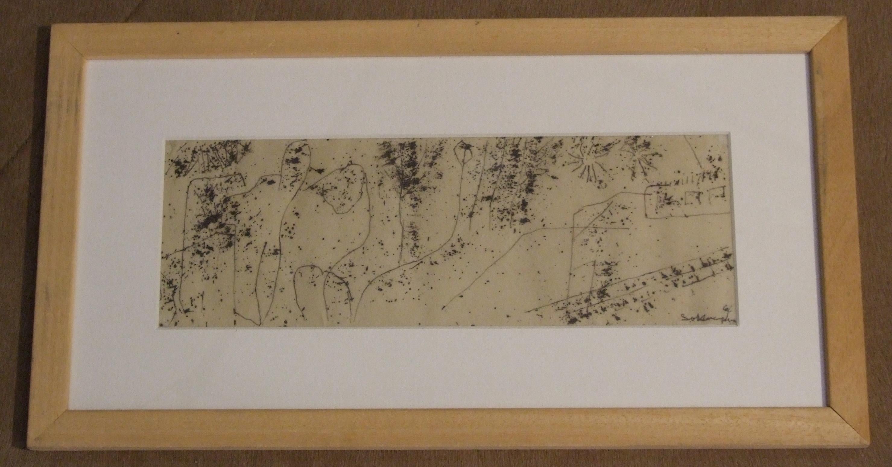 Sven Hauptmann Abstract Drawing – lot von vier surrealistischen Tinten – Tinte auf Papier, 10,5 x 30,5 cm, gerahmt