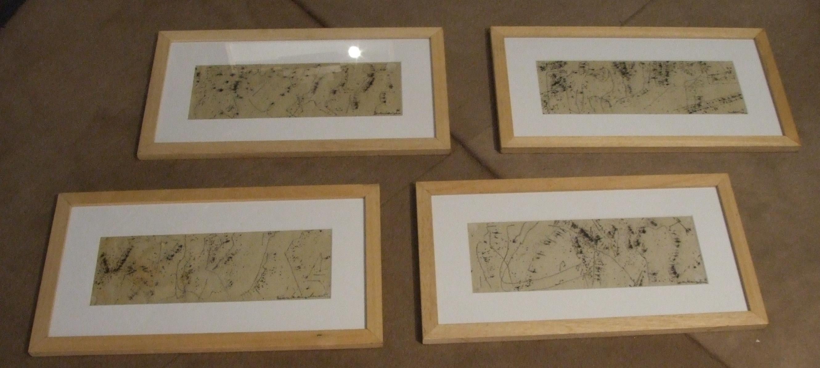 lot of four surrealist inks - ink on paper, 10.5x30.5 cm., framed - Brown Abstract Drawing by Sven Hauptmann