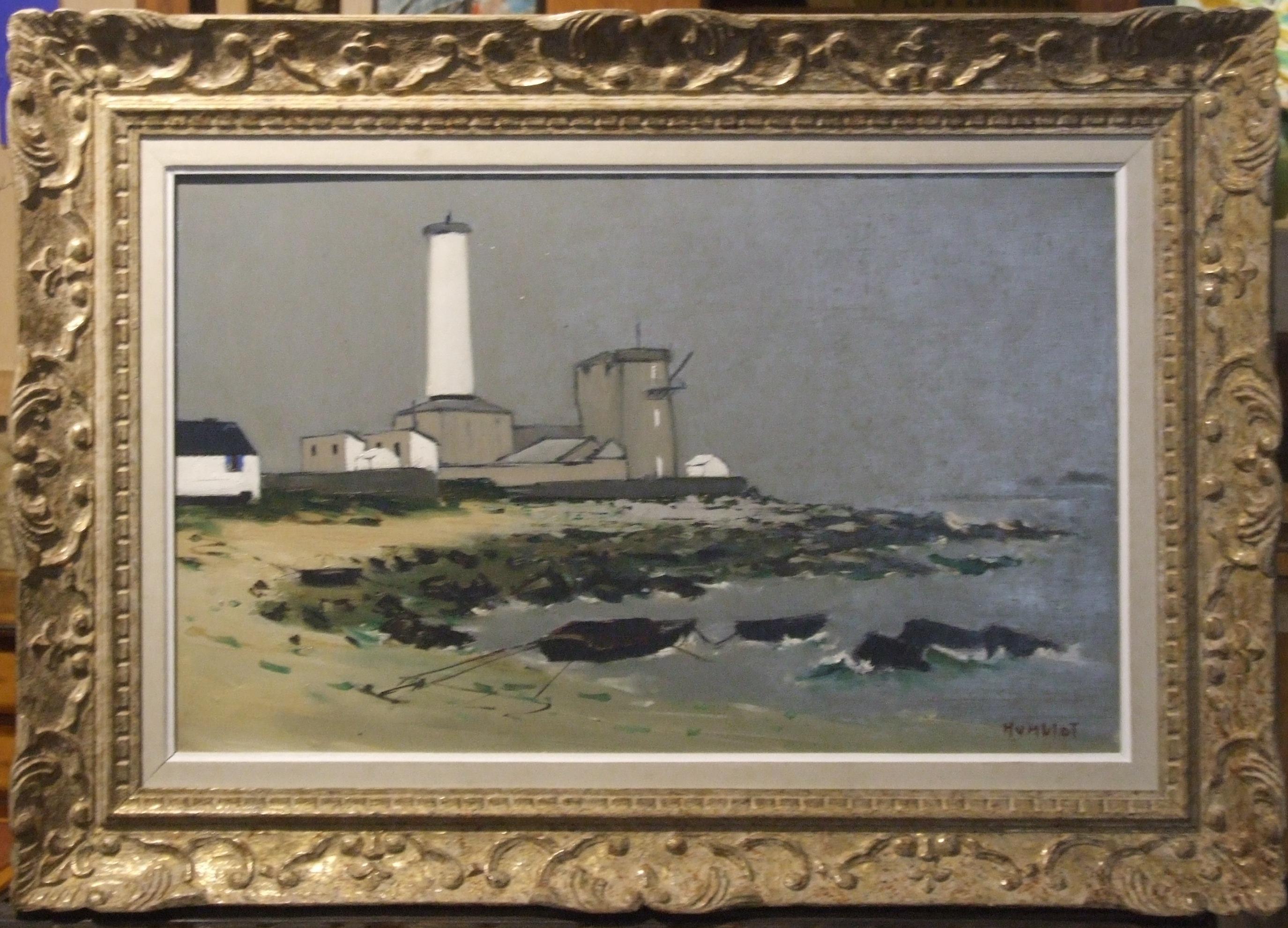 Robert Humblot Landscape Painting - le phare de Eckmuhl (Bretagne, France) - Huile sur toile, 57x80 cm., encadré