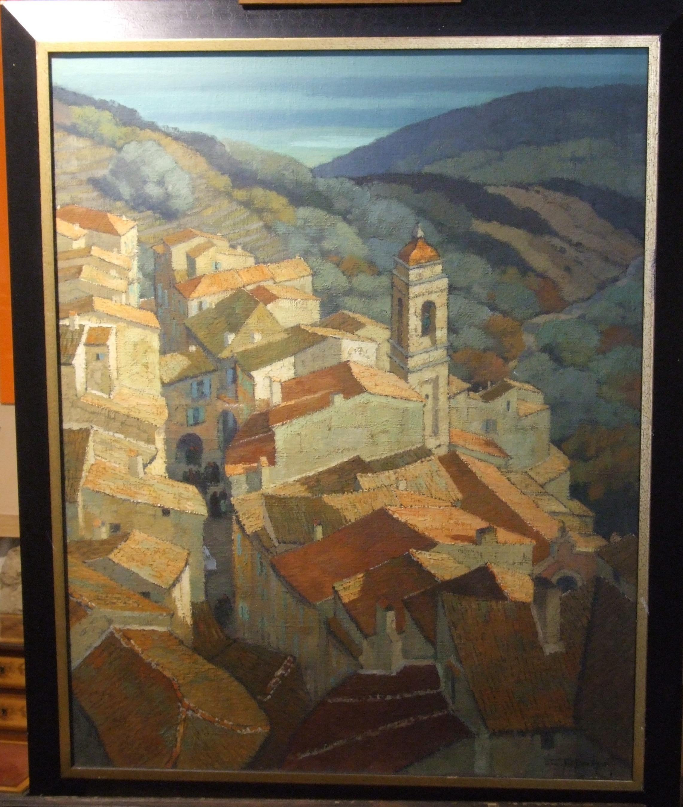 Village de l’arrière pays Niçois (Sud de la France) - Huile sur toile, 92x73 cm. - Painting by Edouard Planchais