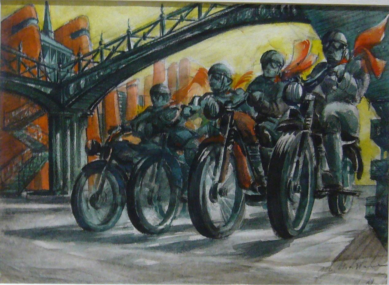 Mario Chiattone Figurative Art - Motobikers, 1929, gouache - Futurism, 23x32