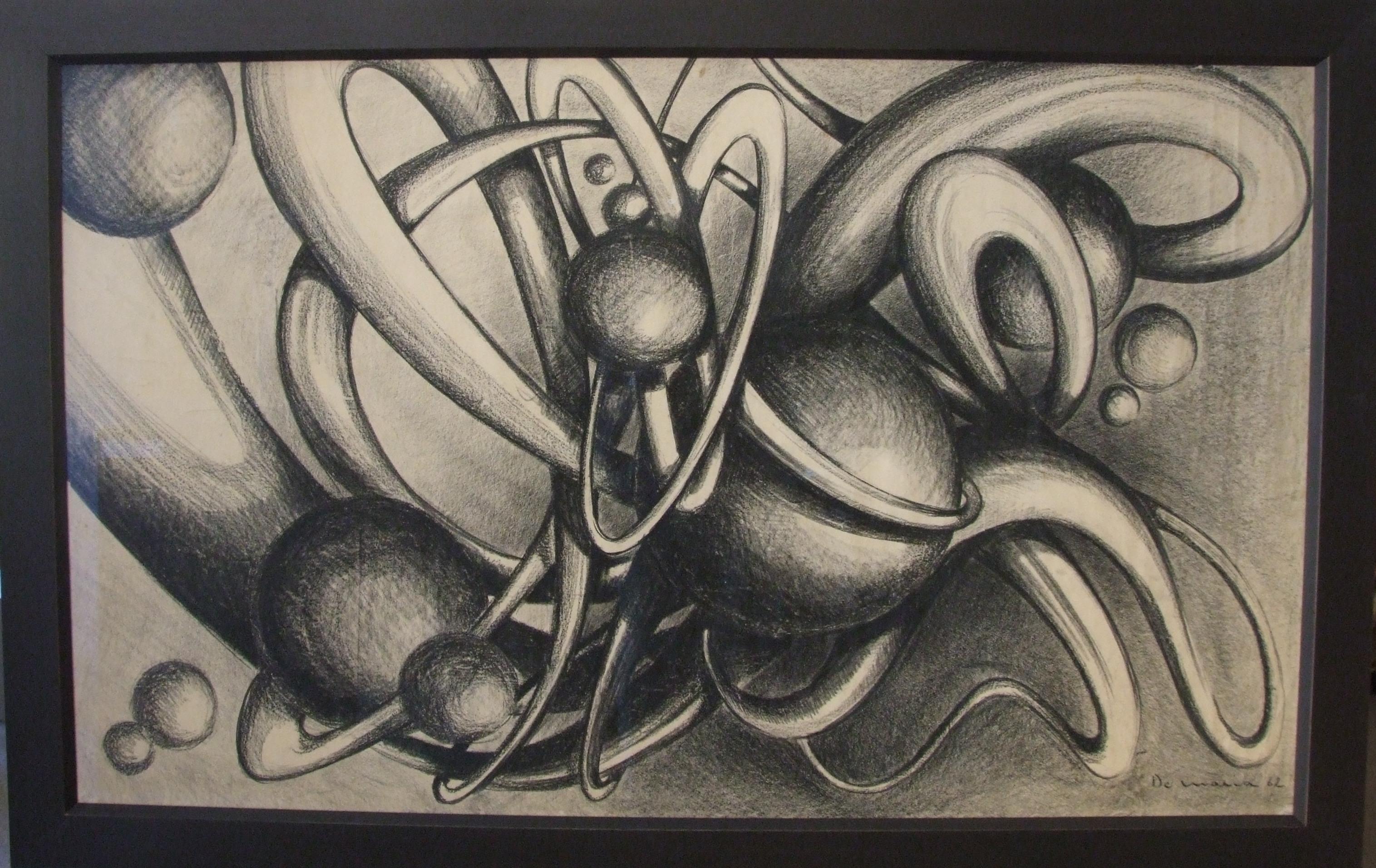 Pierre DE MARIA Abstract Drawing - Mouvement Spatiale, 1962 - crayon, 80x130 cm., framed.