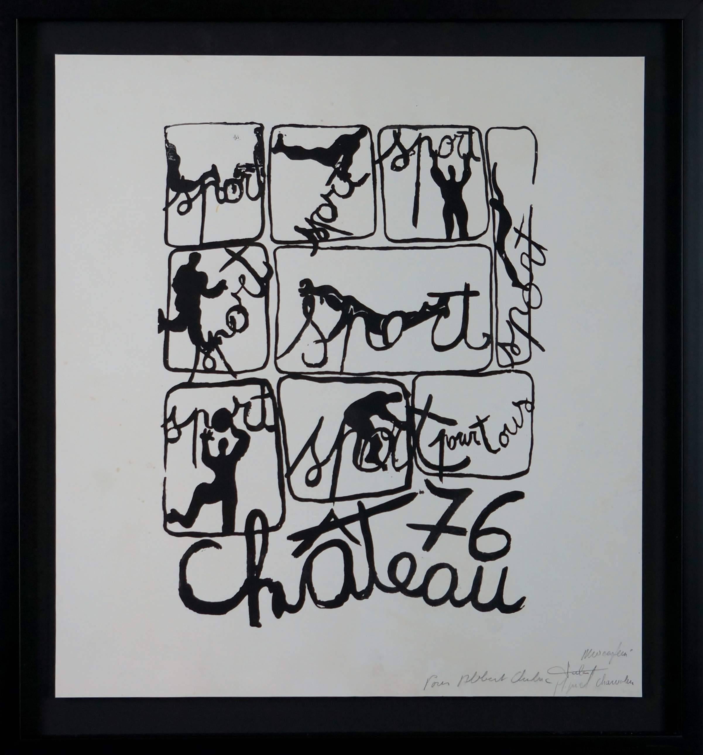 Max Charvolen Abstract Drawing - Hommage A Chubac, 1976 - ink on paper, 64x59 cm., framed