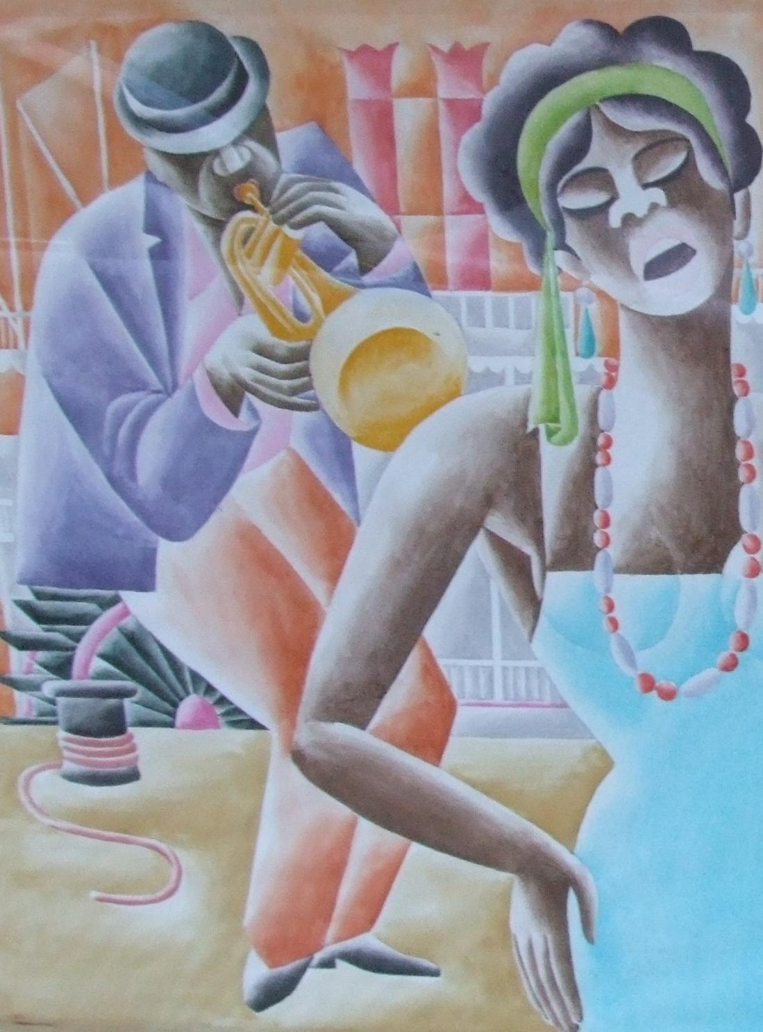 Jazz Panel #3 - Gouache, 102x186 cm. (Grau), Figurative Art, von Paul de Cayeux