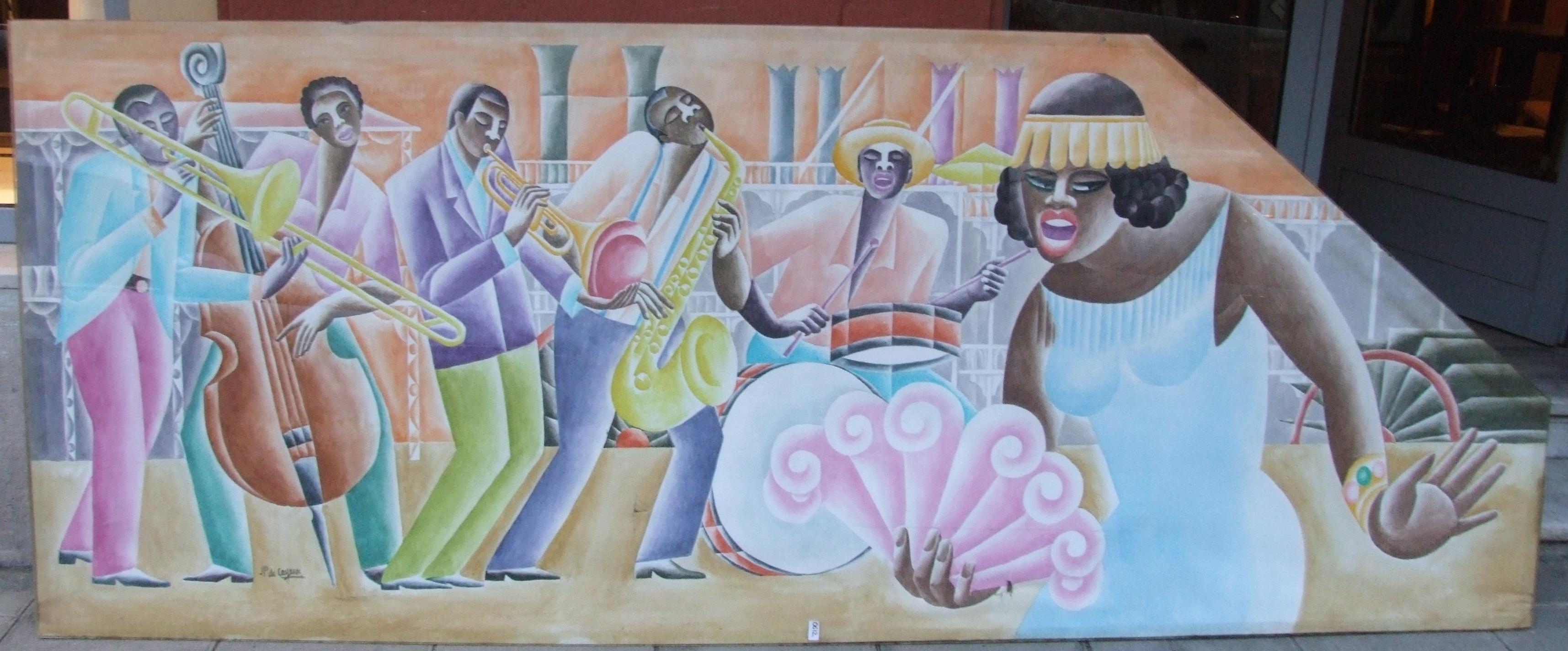 Figurative Art Paul de Cayeux - Panneau de jazz n°5 - gouache, 111x283 cm.