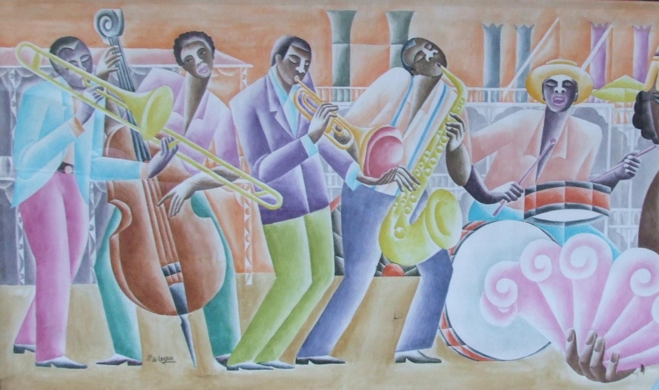Panneau de jazz n°5 - gouache, 111x283 cm. - Art de Paul de Cayeux