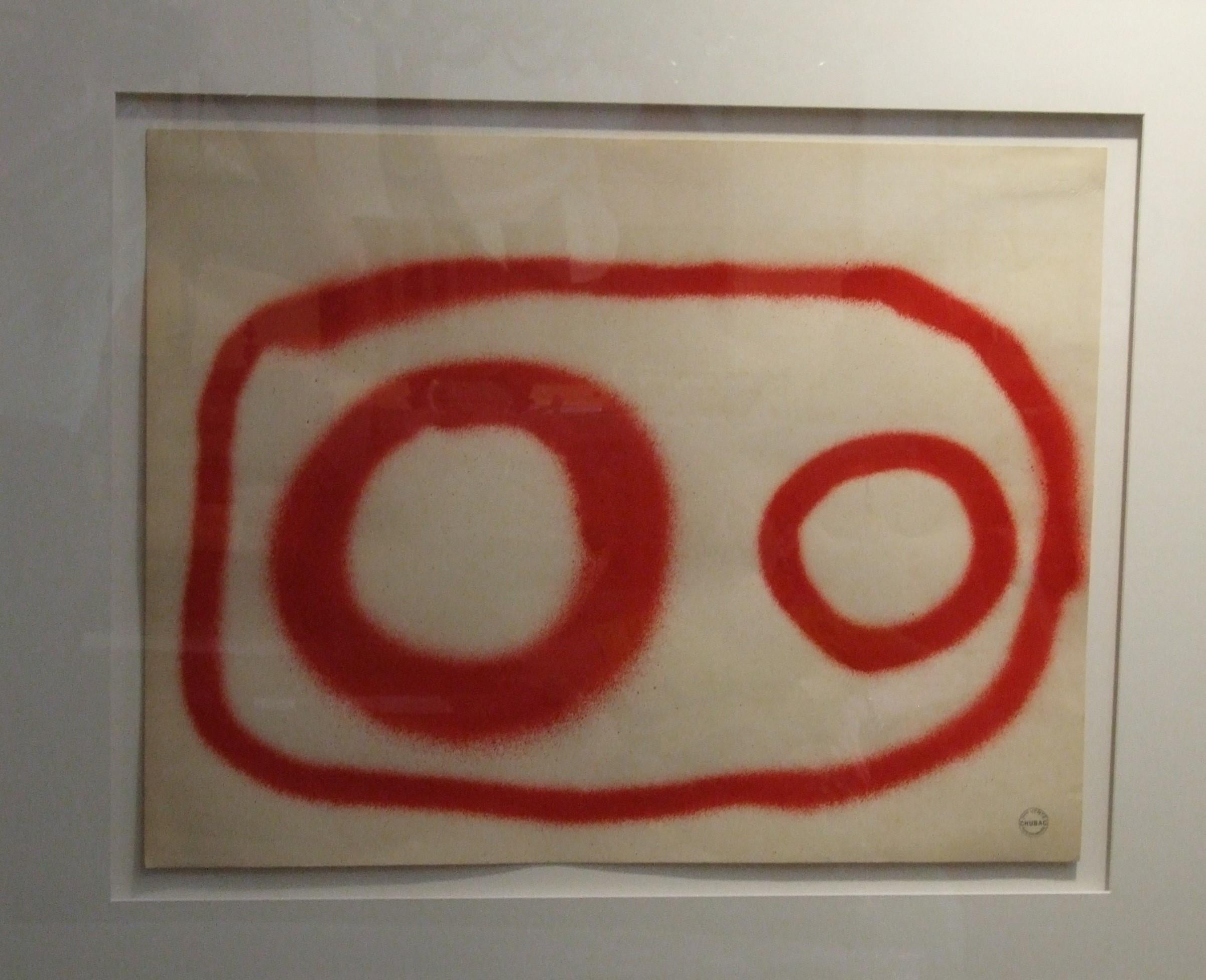 Albert Chubac Abstract Drawing - Red spray 1 - spray paint on paper, 54x65 cm., framed