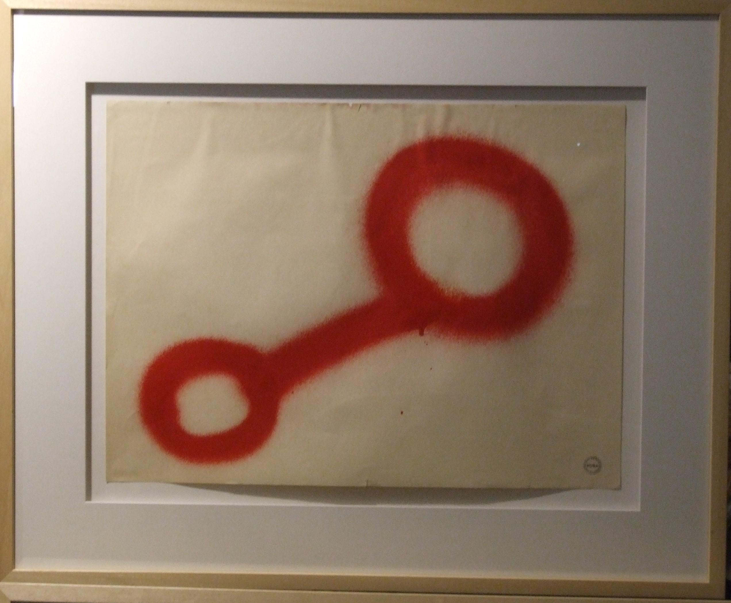 Albert Chubac Abstract Drawing - Red spray 2 - spray paint on paper, 43x59 cm., framed