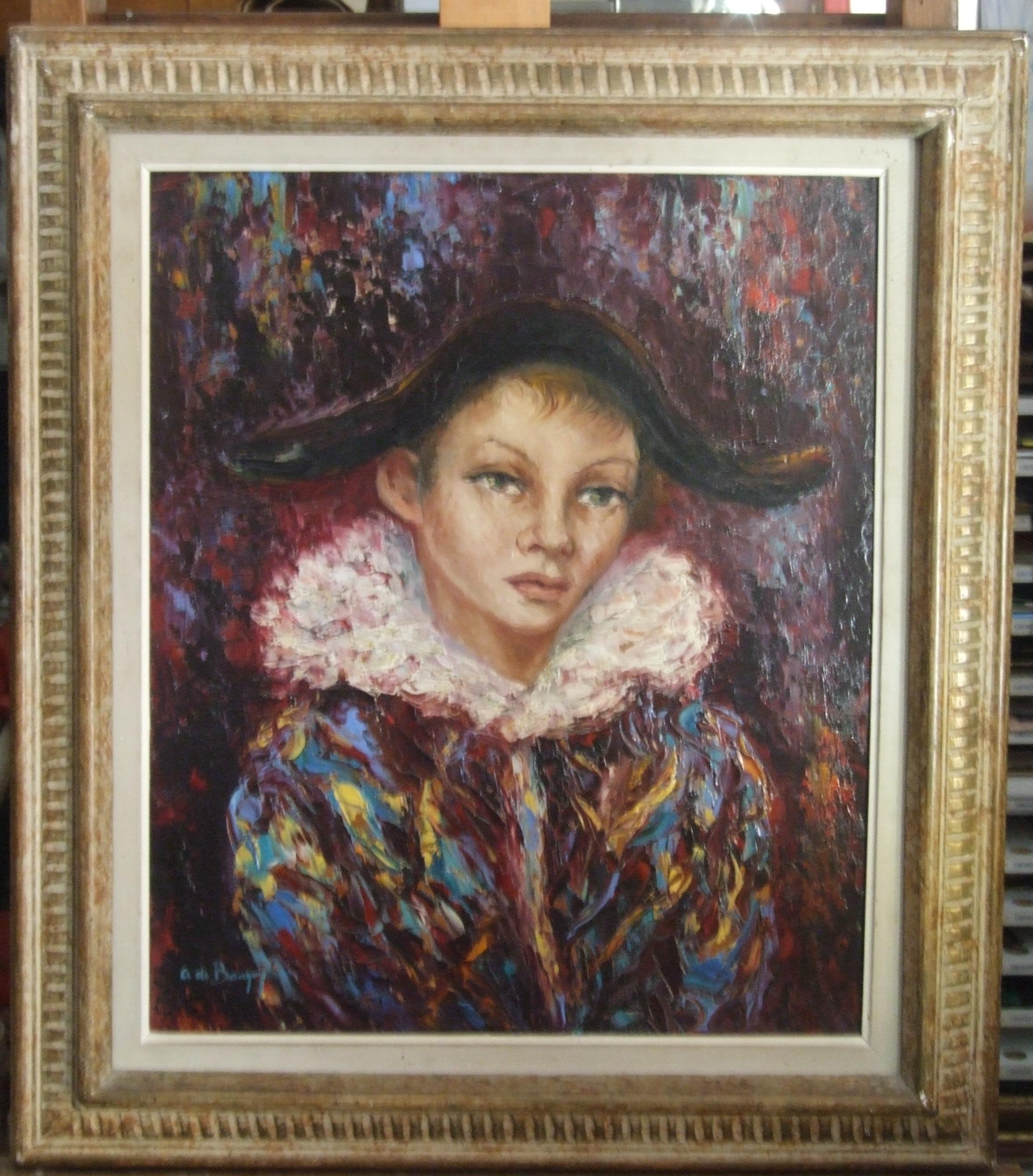 Arlequin - Huile sur toile, 60x50 cm., encadré - Painting by Anne de Banguy