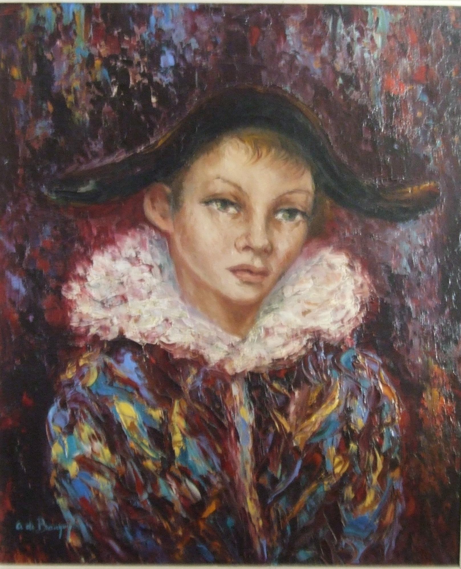 Anne de Banguy Portrait Painting - Arlequin - Huile sur toile, 60x50 cm., encadré