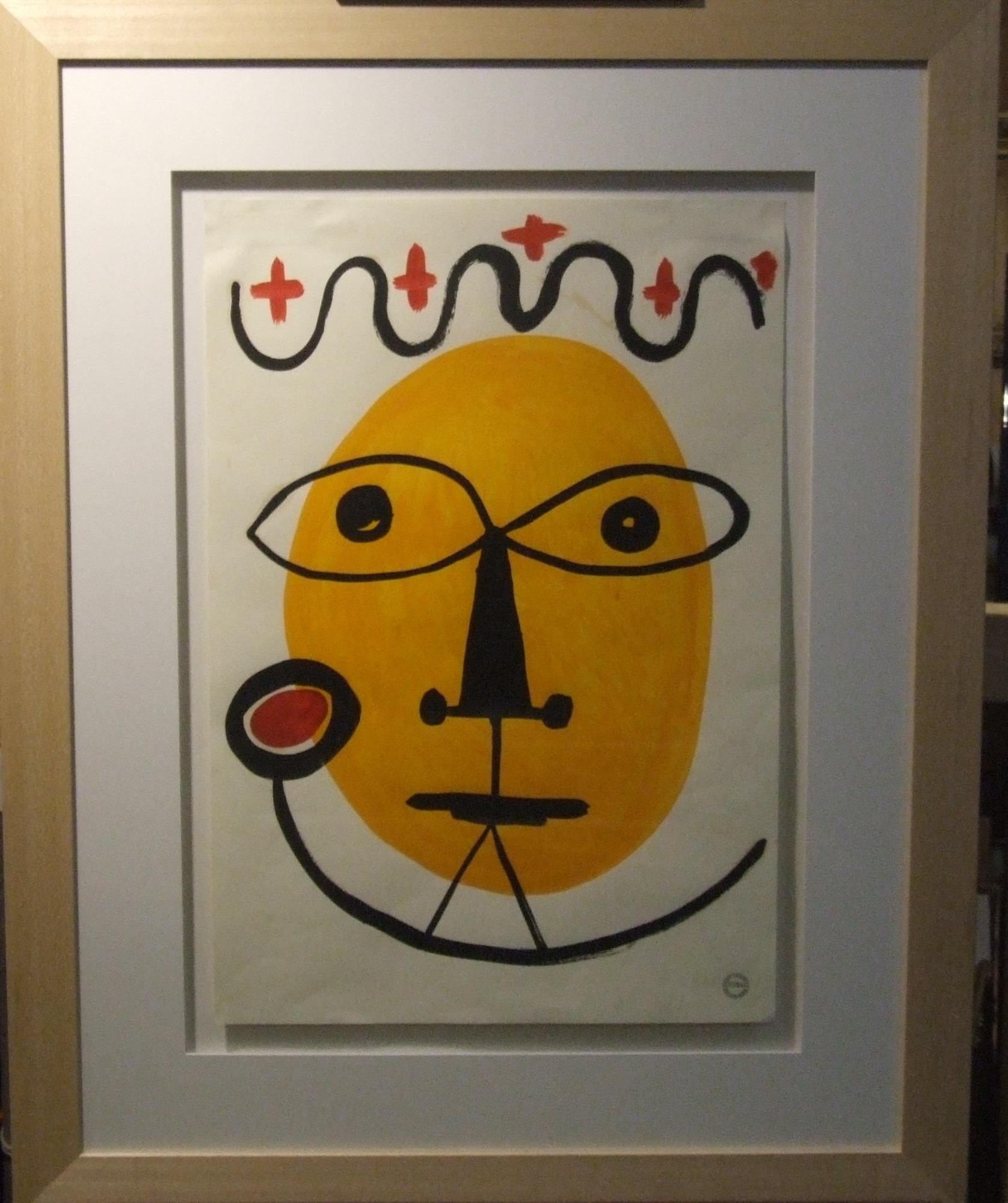 Visage - gouache, 64x43 cm., encadré - Brown Abstract Drawing by Albert Chubac