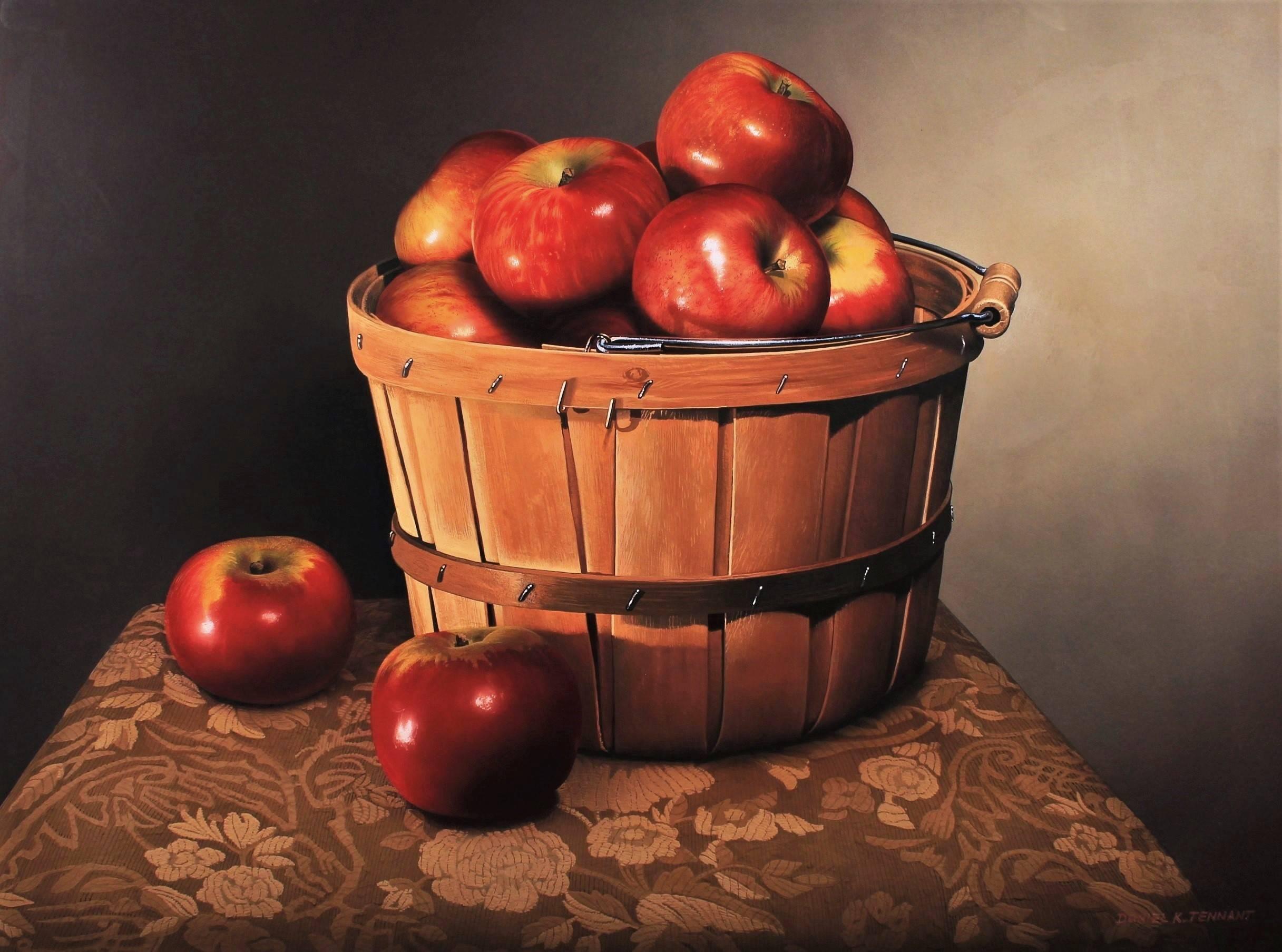 Daniel K. Tennant. Still-Life - Brown and red photorealist still-life, "A Quarter Bushel (A Basket of Apples)"