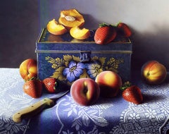Photorealist still-life with fruit, "Blue on Blue", Daniel K. Tennant, gouache