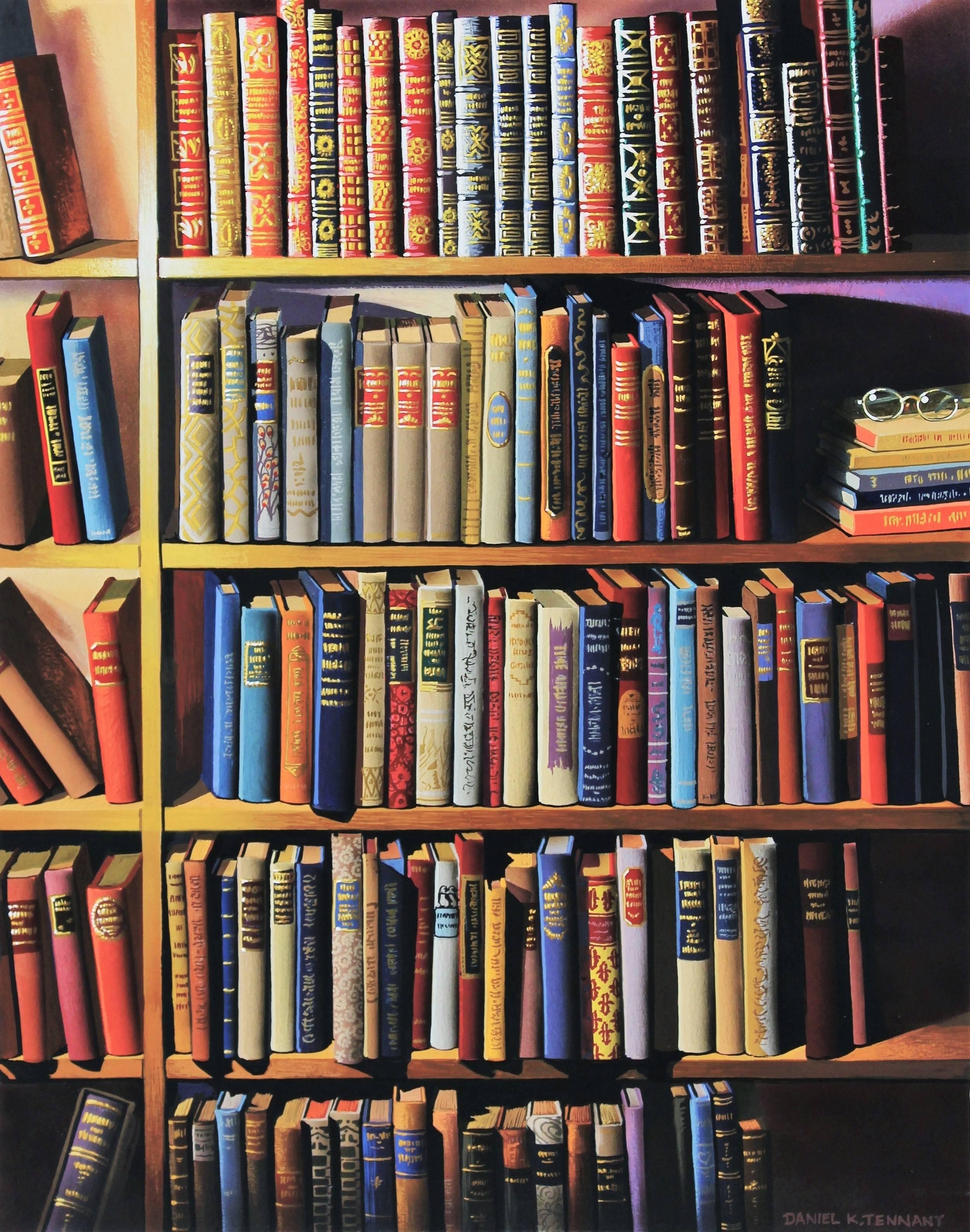 Daniel K. Tennant. Still-Life - Red and blue photorealist library painting, "Vanishing Species", gouache on board