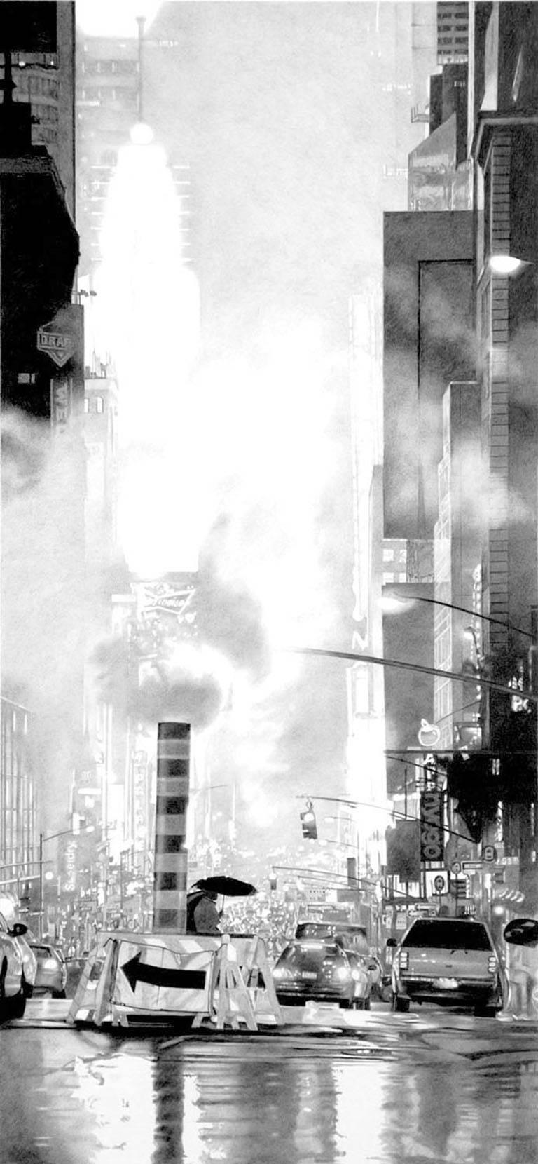Roger Watt's monochromatic, "7th Avenue", depicts the urban cityscape of New York City. The work’s interesting composition allows one to focus on the Watt’s use of light, which provides a hazy quality to the work. The light reflects off of the