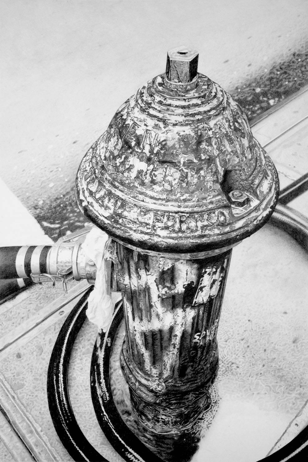 This photorealistic work of graphite on paper is a close examination of a fire hydrant. Watt’s pays close attention to the ways in which the paint has chipped, revealing the affect of time, which he captures through use of monochromatic tones.  The