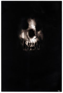 Black skull, "Triptych 1", Ronald Gonzalez, carbon flame drawing on paper, 2017
