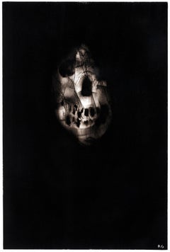 Black skull, "Triptych 2", Ronald Gonzalez, carbon flame drawing on paper, 2017