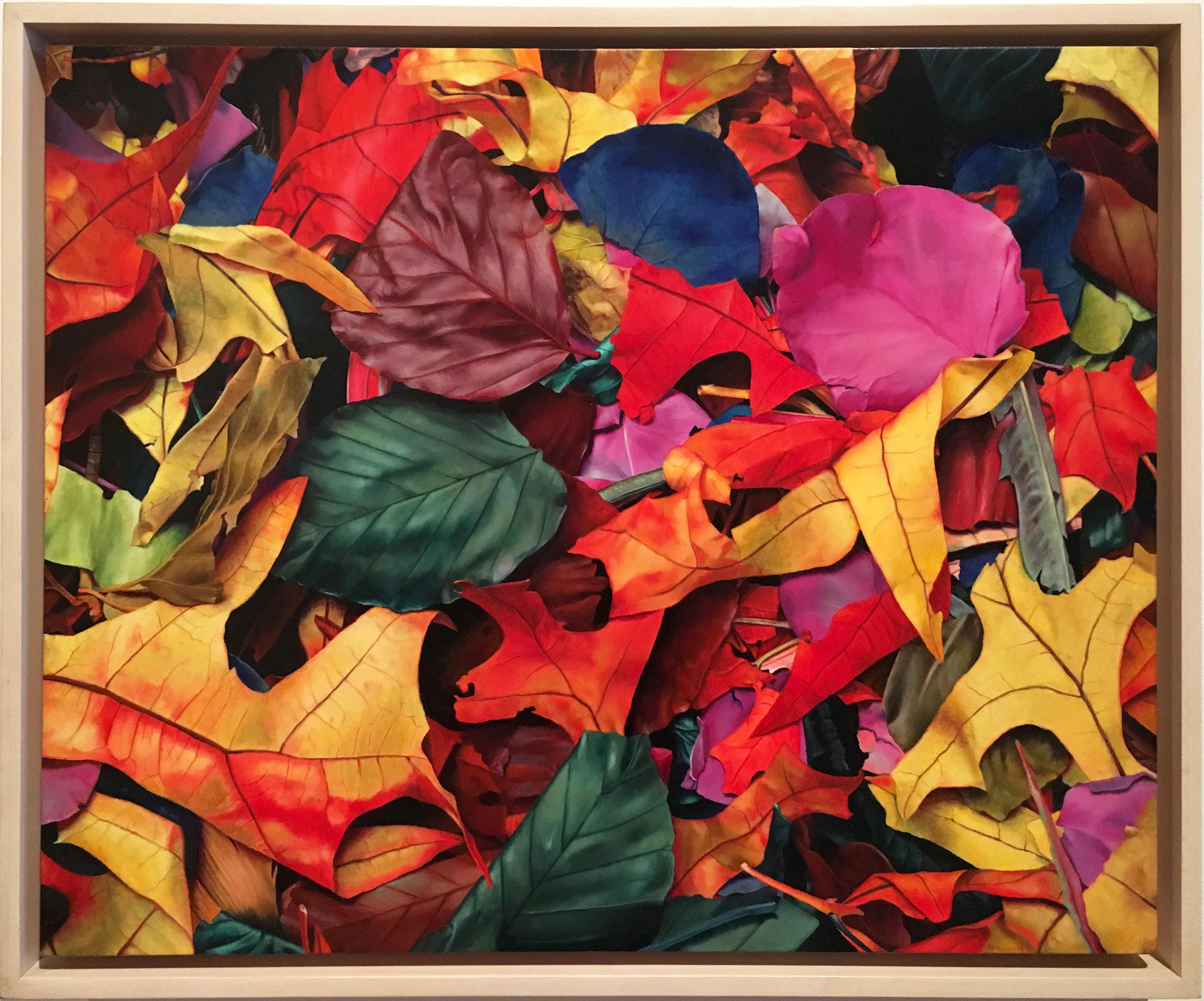 Ron Weis Landscape Painting - Photorealistic red yellow and blue leaves, "October 3rd", oil on canvas on panel