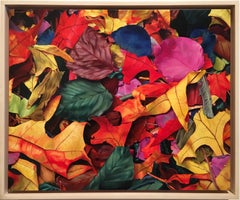 Photorealistic red yellow and blue leaves, "October 3rd", oil on canvas on panel